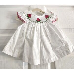 Southern Sunshine Smocked Cotton Dress Watermelons Baby Sz 6M Red Green White